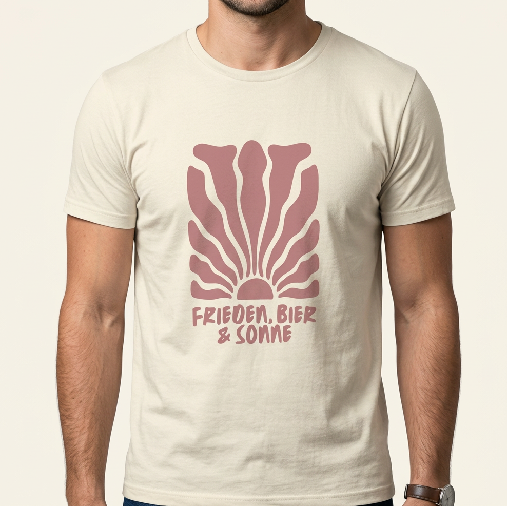 Helles Festival T-Shirt „Frieden, Bier & Sonne“ mit altrosa Boho-Sonne als Frontprint