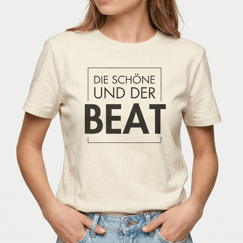 Festival T-Shirt „Die Schöne und der Beat" in Naturbeige mit minimalistischem Typo-Frontprint