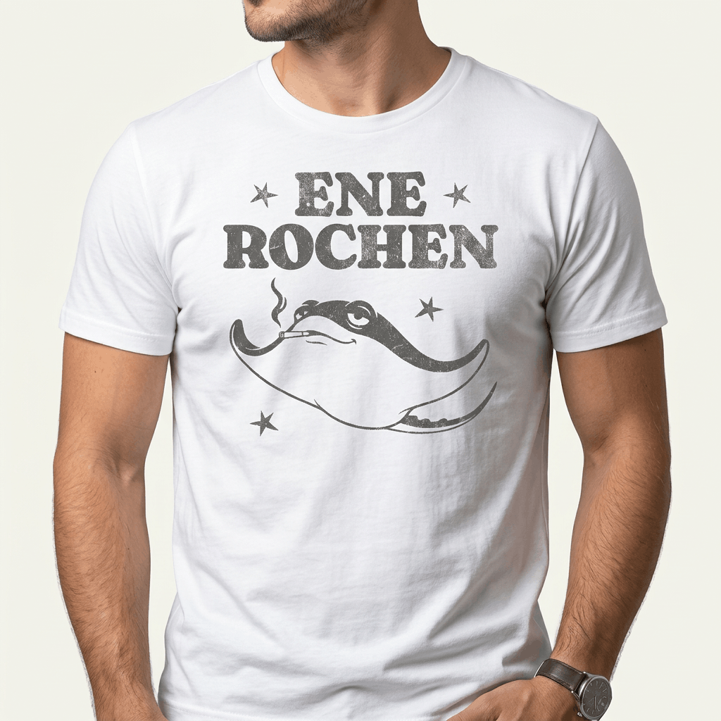 Weißes Meme T-Shirt mit „Ene Rochen"-Wortspiel und Vintage-Motiv eines rauchenden Rochens