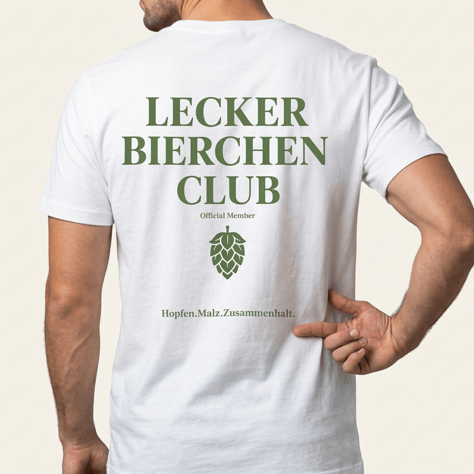 „Lecker Bierchen Club“ Saufshirt mit grünem Rückenprint und Hopfendolde – Bier-Shirt für Gruppen