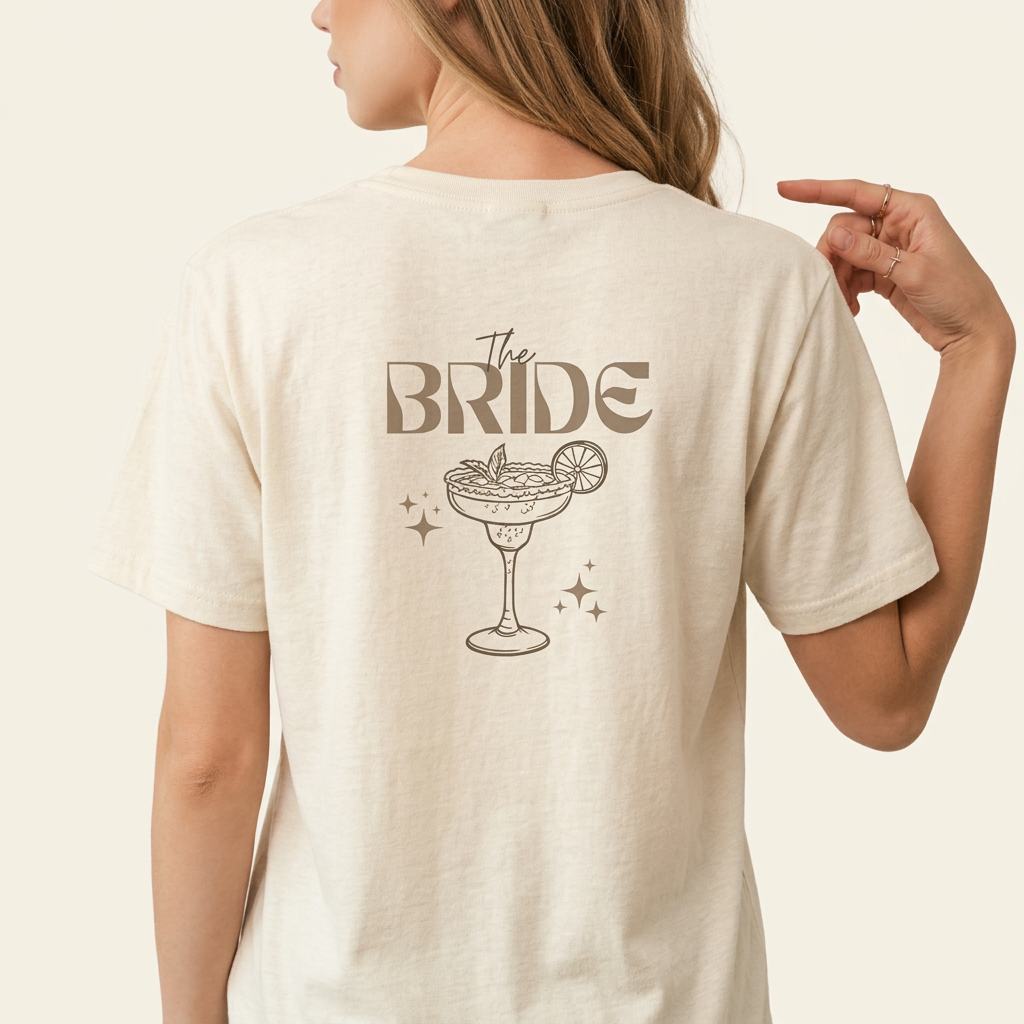 The Bride Shirt in Gold mit Cocktailglas-Motiv als Rückenprint für den JGA