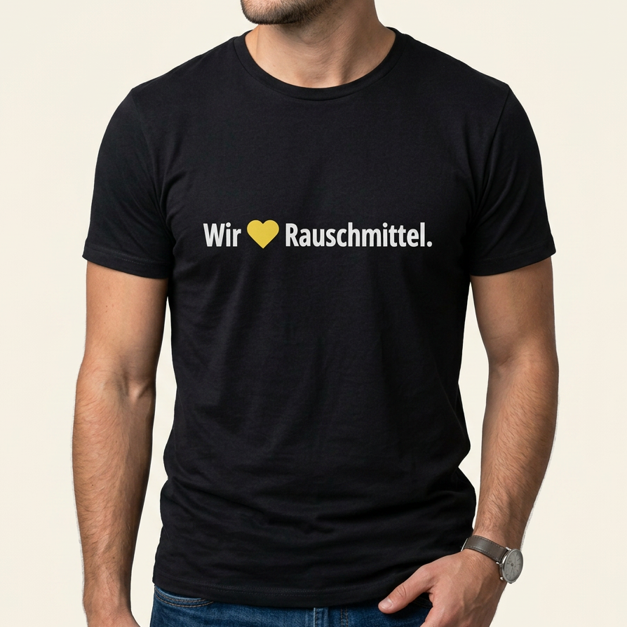 Person trägt schwarzes Wir lieben Rauschmittel Shirt beim Festival