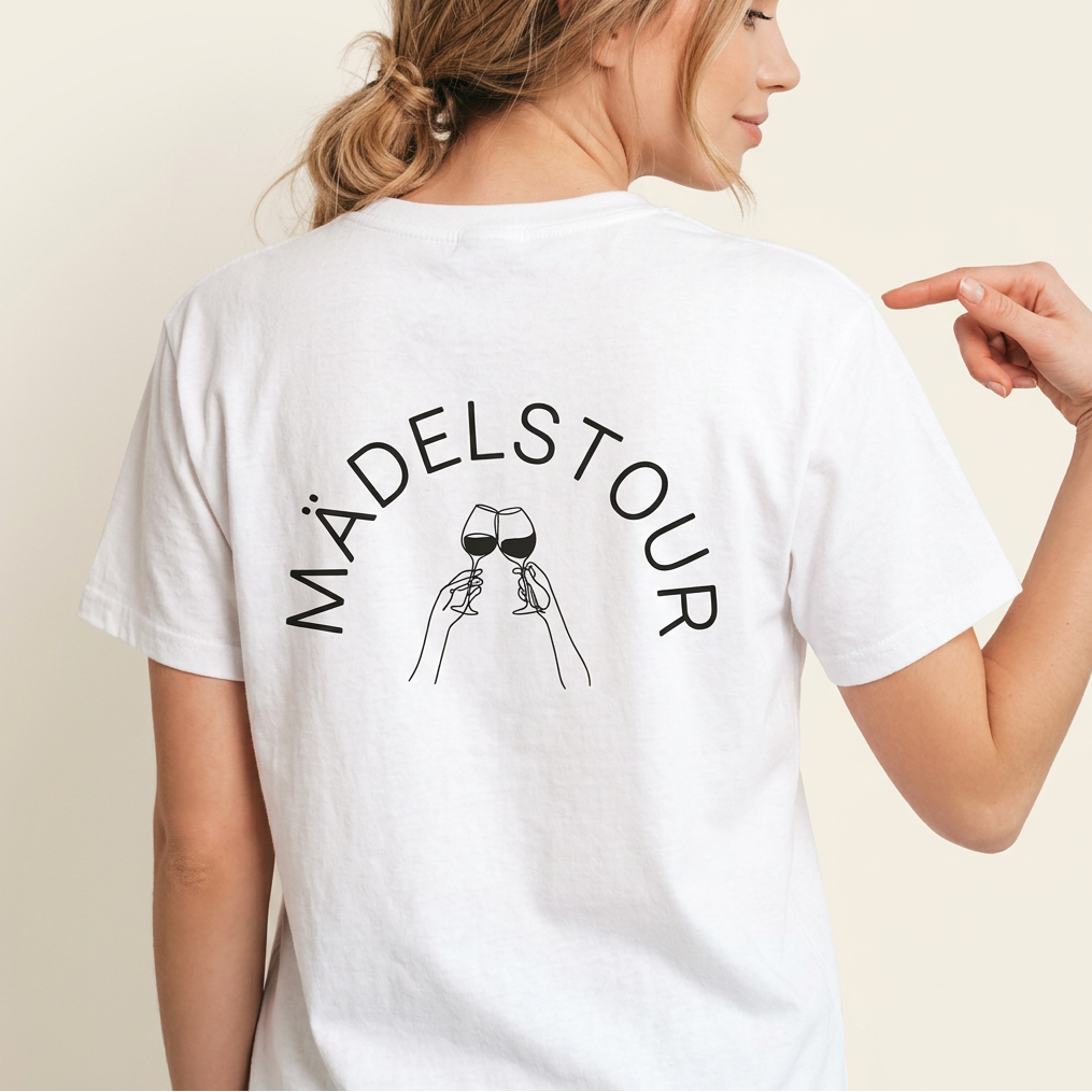 Mädelstour Shirt mit anstoßenden Weingläsern als Line-Art-Rückenprint