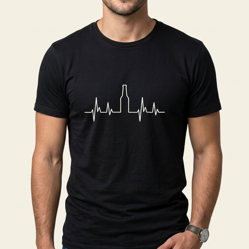 Bier Herzschlag T-Shirt in Schwarz mit Herzschlag-Linie und Bierflasche – Frontprint