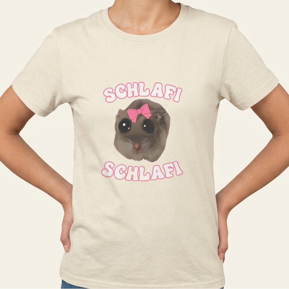 Schlafi Schlafi Sad-Hamster Meme T-Shirt in Naturbeige mit Frontprint