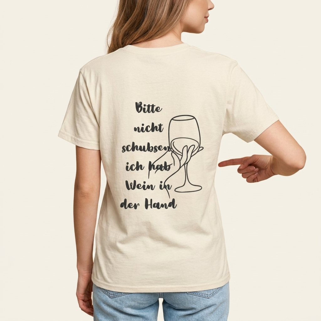 Spruchshirt für Weinliebhaberinnen mit handgeschriebenem Schriftzug auf dem Rücken