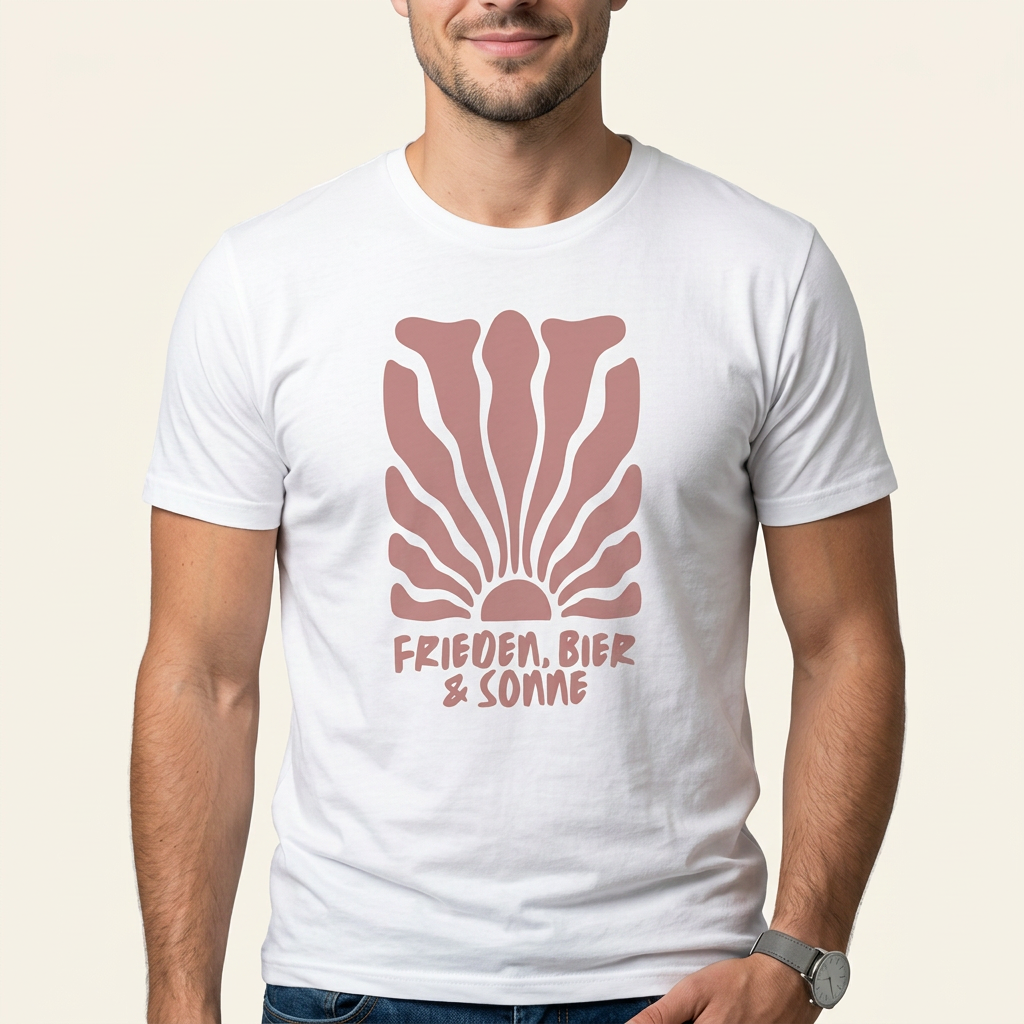 „Frieden, Bier & Sonne“ Sommer T-Shirt, weitere Produktansicht – Boho-Festival-Motiv