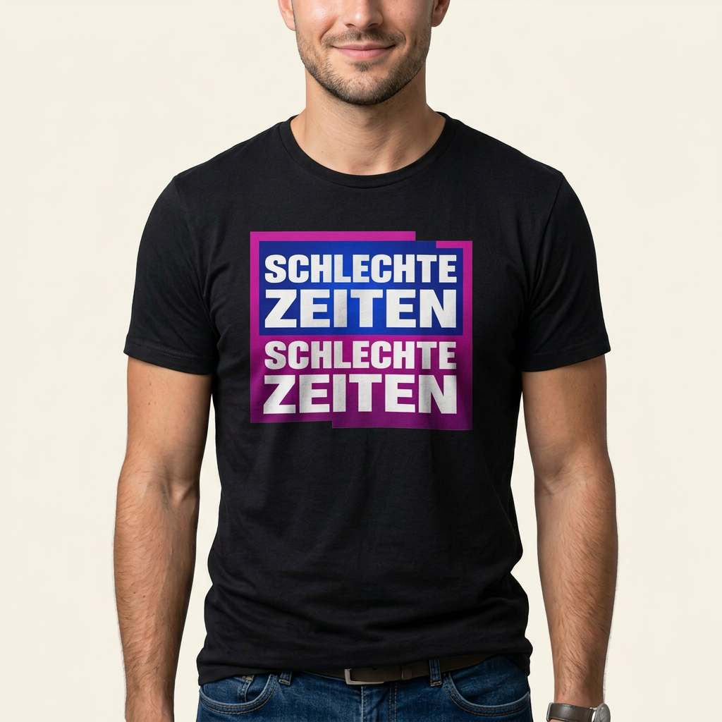 Unisex Schlechte Zeiten Meme Shirt von Krautlegenden am Model getragen
