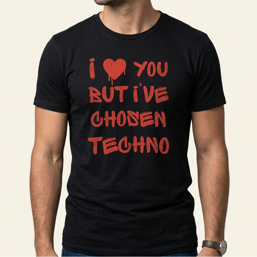 Schwarzes Techno T-Shirt „I love you but I've chosen Techno“ in roter Schrift als Frontprint – Rave Shirt