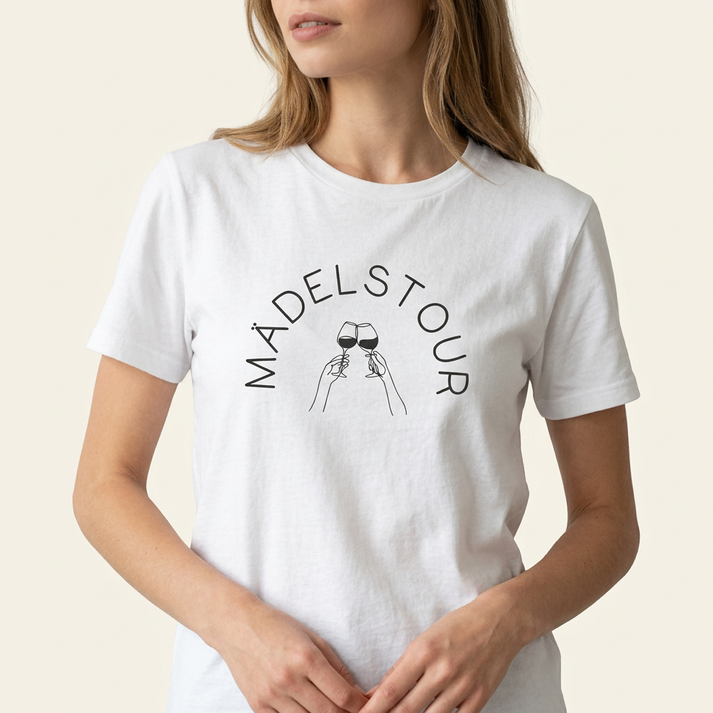 Mädelstour Shirt mit anstoßenden Weingläsern als Frontprint