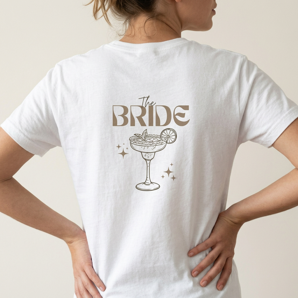 Braut Shirt von Krautlegenden mit gezeichnetem Cocktail und Funkelsternen auf dem Rücken