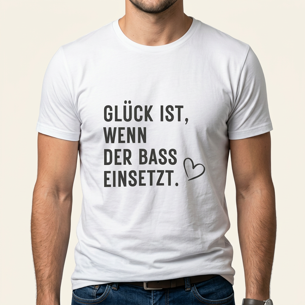 „Glück ist, wenn der Bass einsetzt“ Techno T-Shirt, weitere Produktansicht mit Herz-Detail