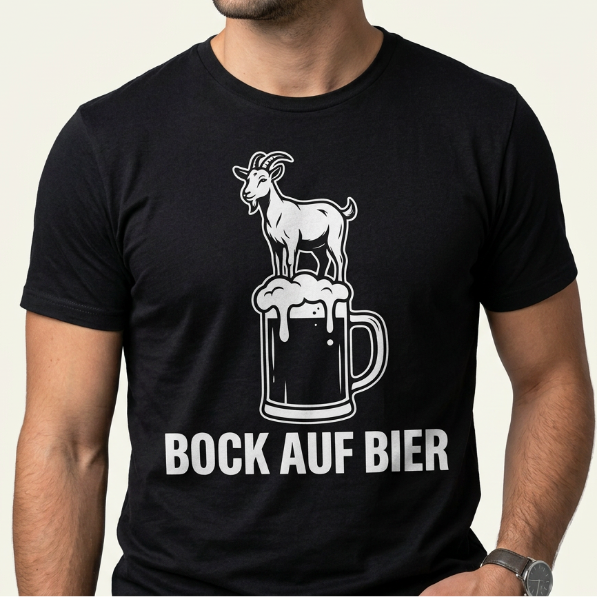 Schwarzes Bier T-Shirt „Bock auf Bier" mit Ziegenbock auf Bierkrug als Frontprint