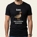 Mann trägt schwarzes Gänse Meme T-Shirt mit Frontprint „Gans schlimme Schmerzen"