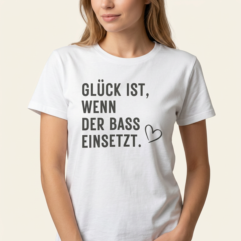 „Glück ist, wenn der Bass einsetzt“ Festival-Shirt in Naturbeige – Techno-Outfit