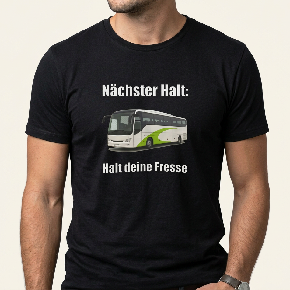 Mann trägt schwarzes Meme T-Shirt mit Bus-Motiv und Frontprint „Nächster Halt: Halt deine Fresse"
