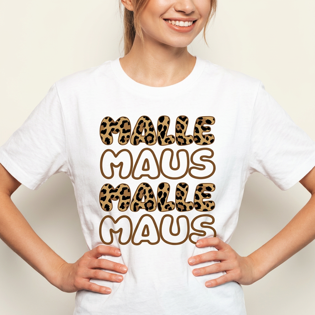 Malle Maus T-Shirt im Leoparden-Look in Naturbeige – Mallorca Party Frontprint