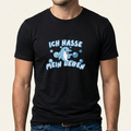 Mann trägt schwarzes Delfin Meme T-Shirt mit Frontprint „Ich hasse mein Leben"