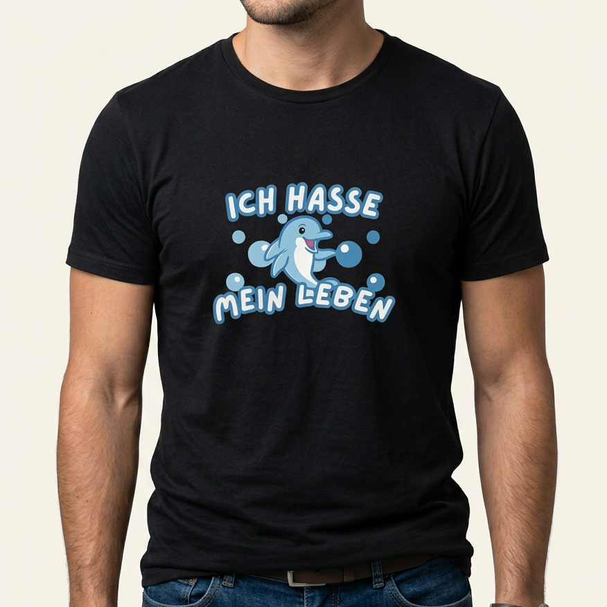 Mann trägt schwarzes Delfin Meme T-Shirt mit Frontprint „Ich hasse mein Leben"