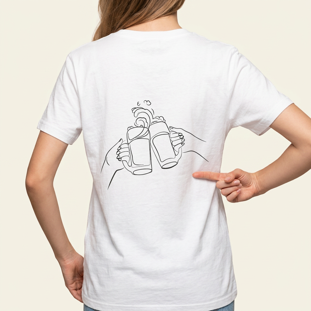 weißes Cheers T-Shirt aus Baumwolle mit Bierglas-Line-Art als großem Rückendruck