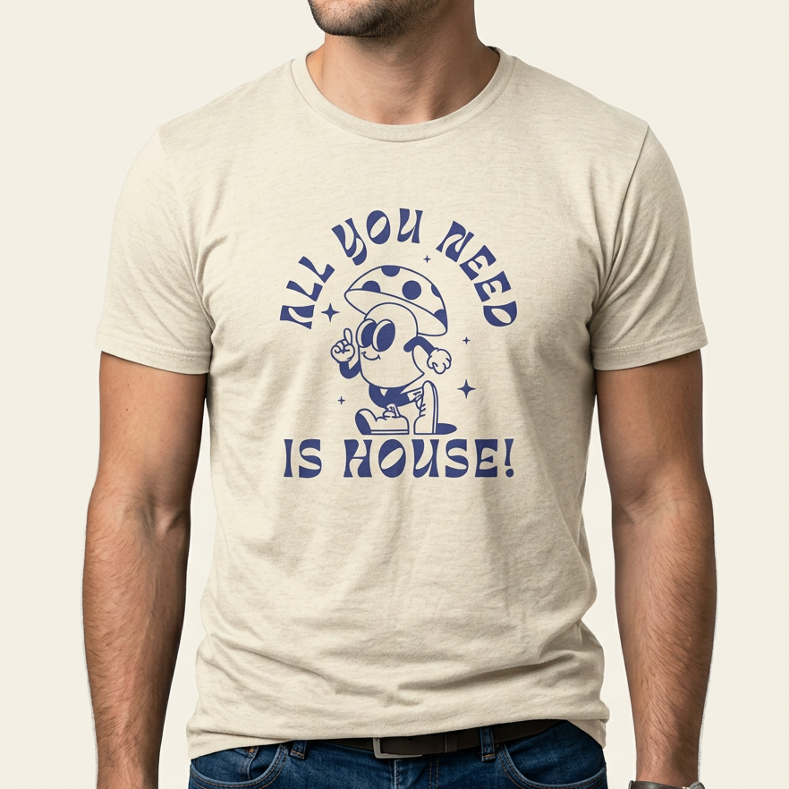 Helles House T-Shirt „All you need is House“ mit Retro-Pilz-Maskottchen in Marineblau als Frontprint