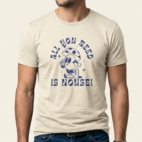 Helles House T-Shirt „All you need is House“ mit Retro-Pilz-Maskottchen in Marineblau als Frontprint