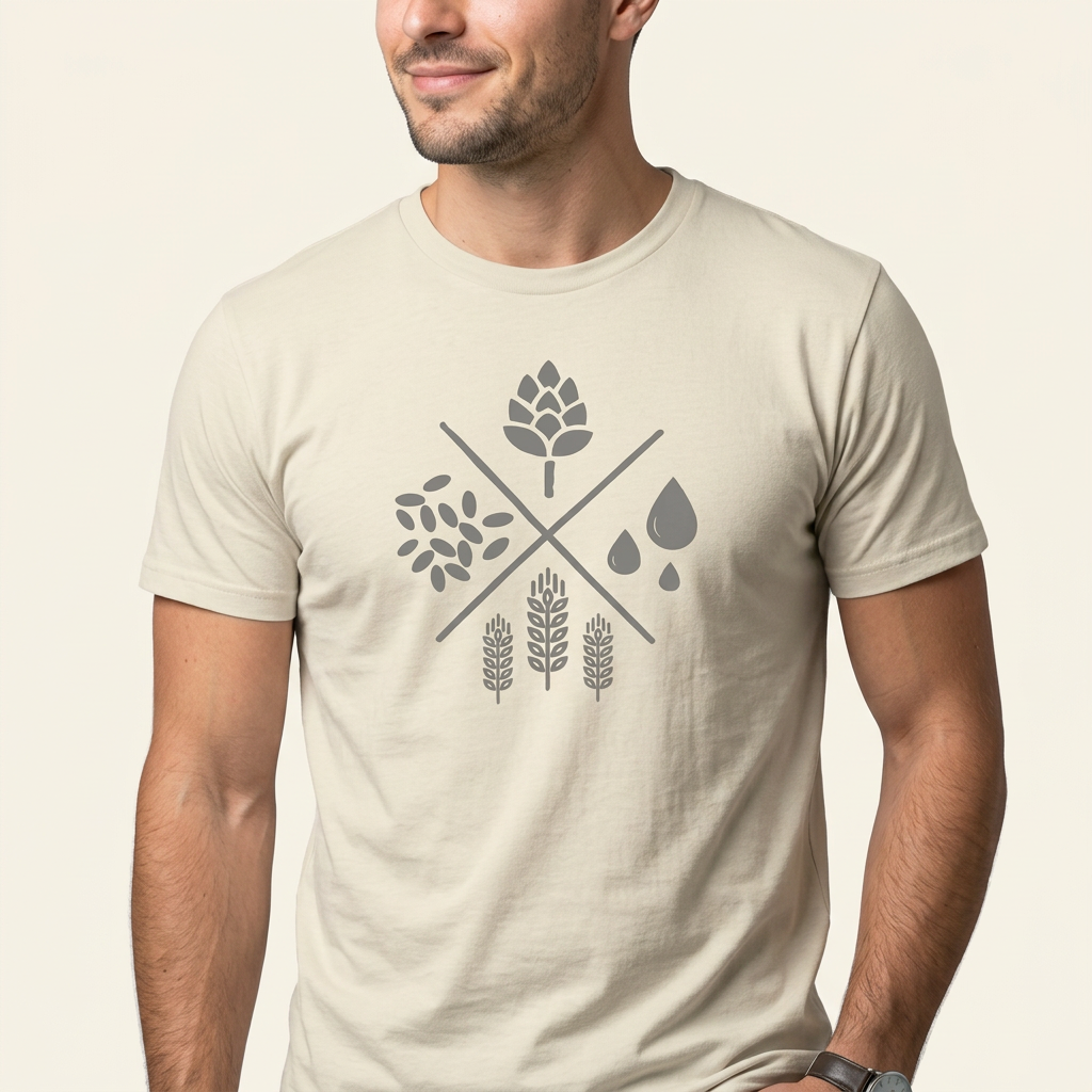Die heilige Bierfaltigkeit T-Shirt in Naturbeige mit Hopfen-, Malz- und Wassersymbolen – Frontprint