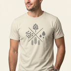 Die heilige Bierfaltigkeit T-Shirt in Naturbeige mit Hopfen-, Malz- und Wassersymbolen – Frontprint