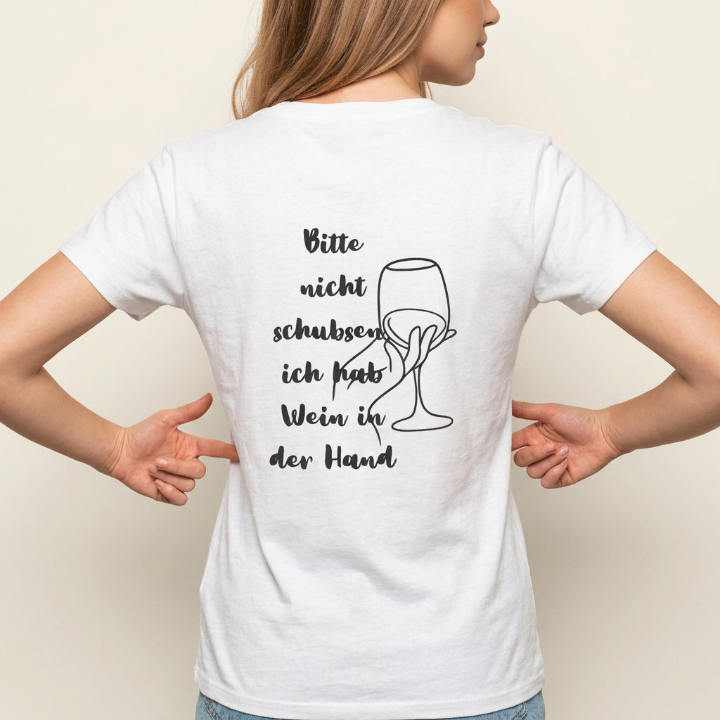 Wein Shirt mit dem Spruch „Bitte nicht schubsen, ich hab Wein in der Hand" als Rückenprint