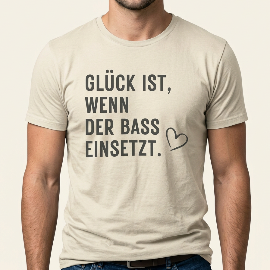 Helles Festival T-Shirt „Glück ist, wenn der Bass einsetzt“ mit Herz als Frontprint – Rave Shirt