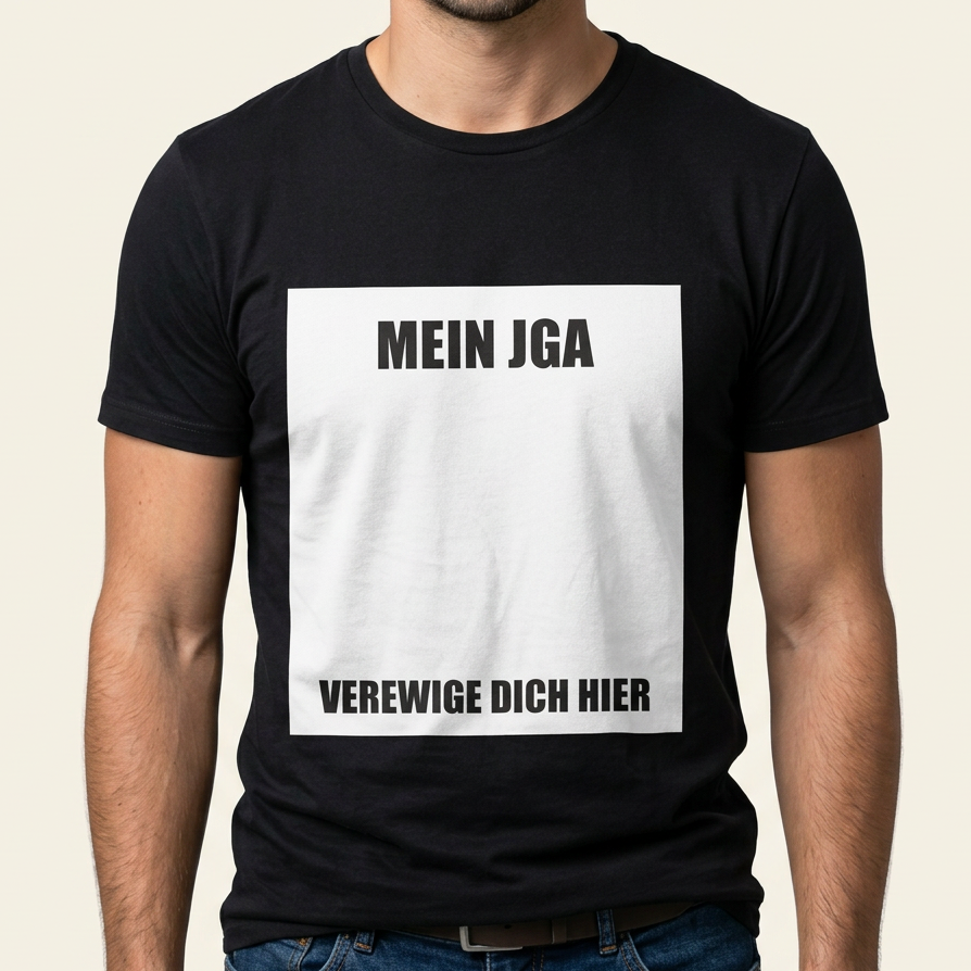 Schwarzes JGA Shirt mit weißer Fläche und Aufschrift „Mein JGA – verewige dich hier"
