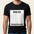 Schwarzes JGA Shirt mit weißer Fläche und Aufschrift „Mein JGA – verewige dich hier"