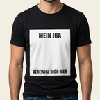 Schwarzes JGA Shirt mit weißer Fläche und Aufschrift „Mein JGA – verewige dich hier"
