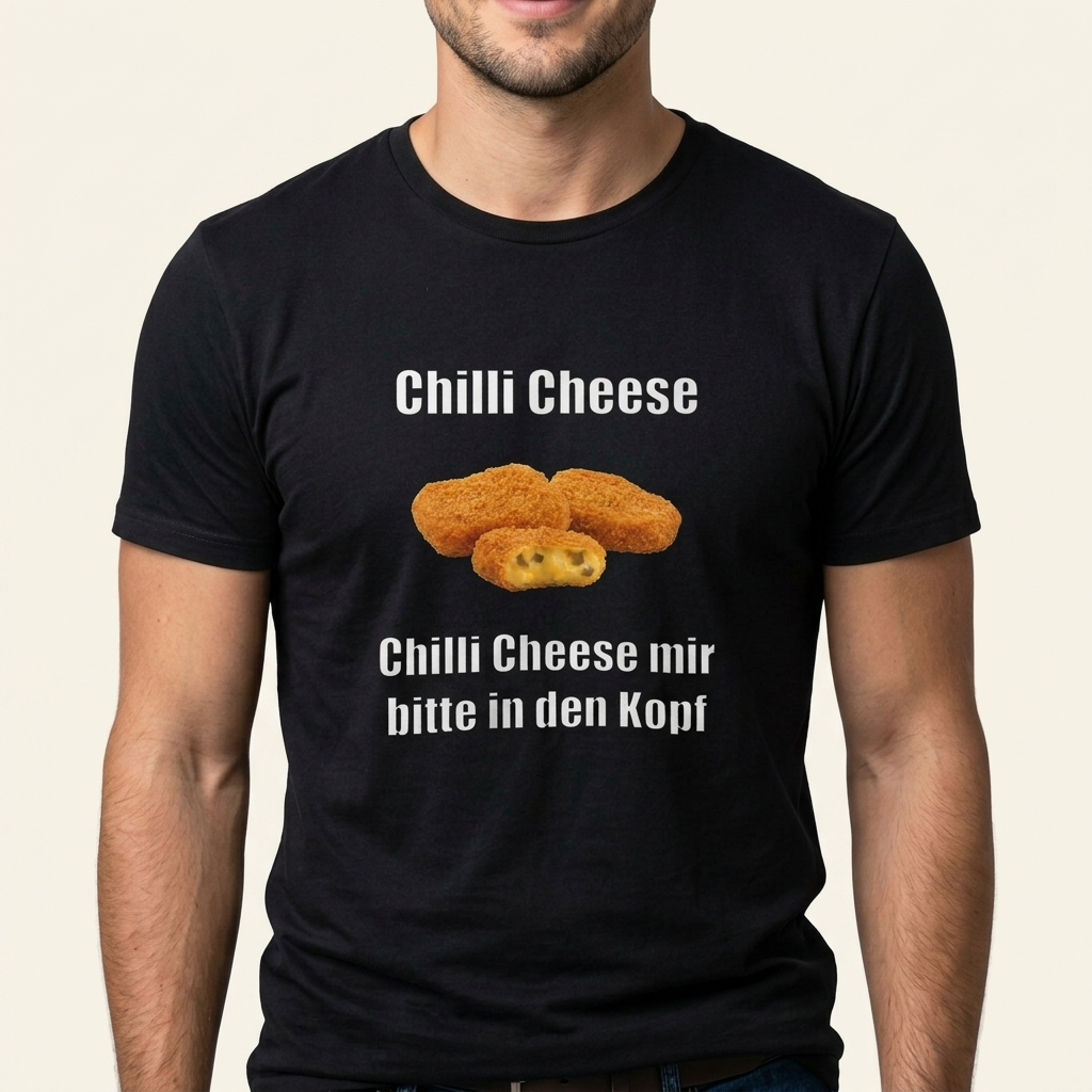 Chilli Cheese Meme T-Shirt in Schwarz mit Nuggets und Spruch Chilli Cheese mir bitte in den Kopf – Frontprint