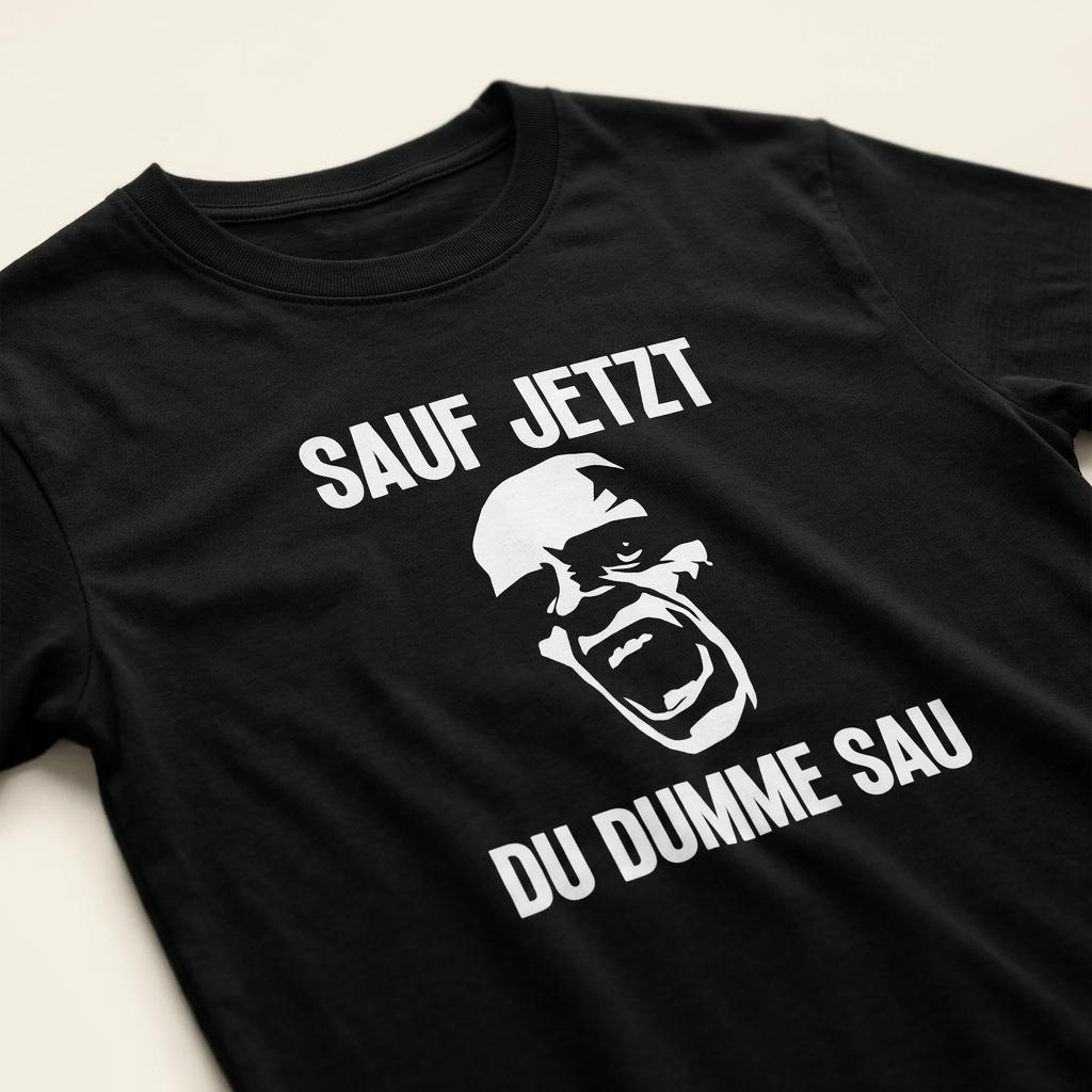 Detailaufnahme des Frontprints „Sauf jetzt du dumme Sau" mit schreiendem Gesicht auf schwarzem T-Shirt