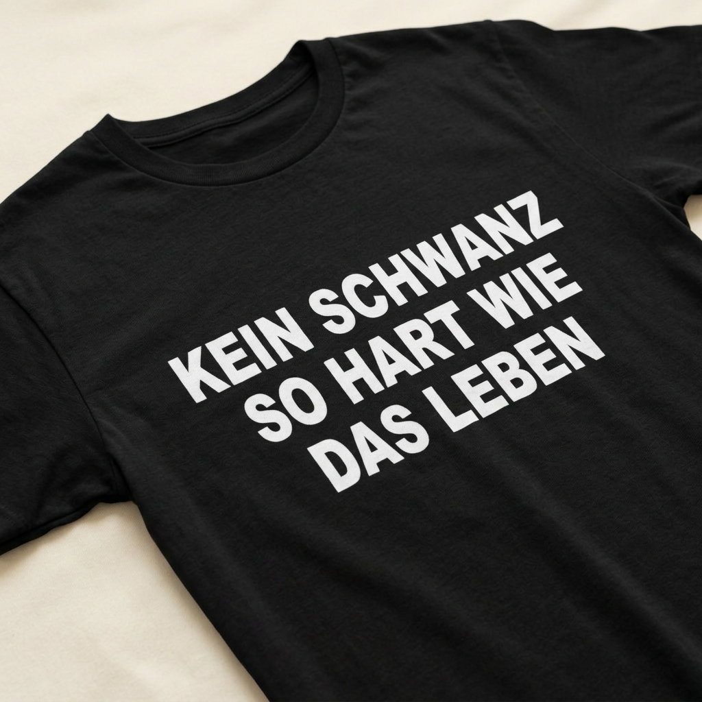 Detailaufnahme des dreizeiligen Spruchs in weißer Blockschrift auf Schwarz