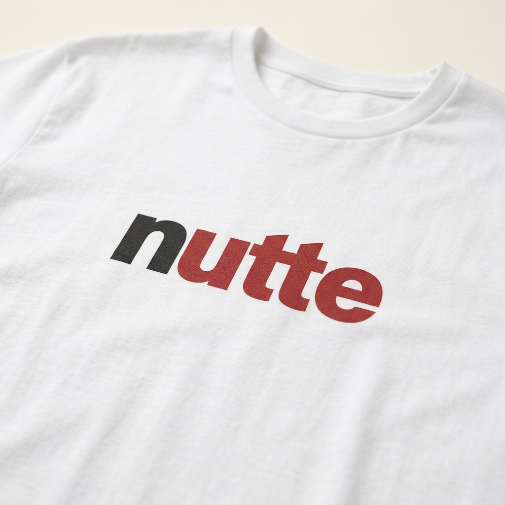 Detailaufnahme des Nutte Schriftzugs in Schwarz und Rot auf weißem T-Shirt