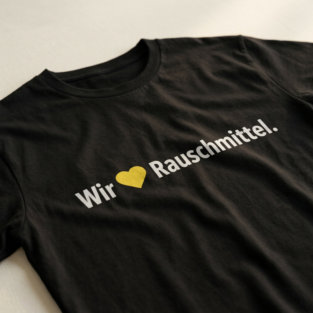 Detailaufnahme des Schriftzugs Wir lieben Rauschmittel mit gelbem Herz