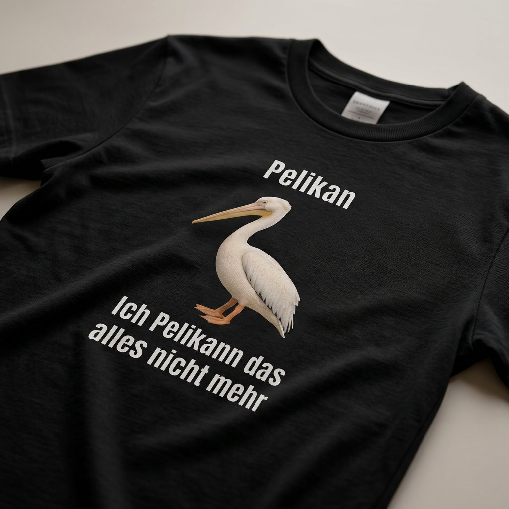 Detailaufnahme des Pelikan-Motivs mit Spruch „Ich Pelikann das alles nicht mehr" auf schwarzem Baumwoll-T-Shirt