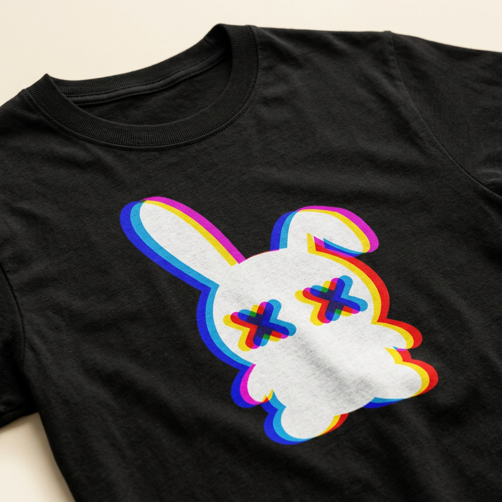 Techno Bunny Festival Shirt, Produktansicht – schwarzes Rave T-Shirt mit Glitch-Hase