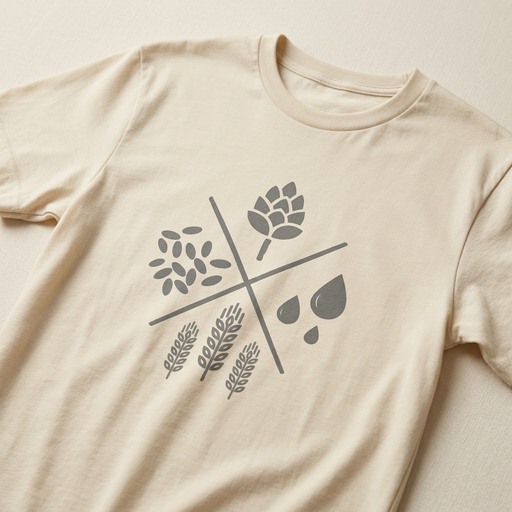 Bierfaltigkeit Bier-Shirt in Naturbeige/Weiß mit Zutaten-Emblem – Frontprint