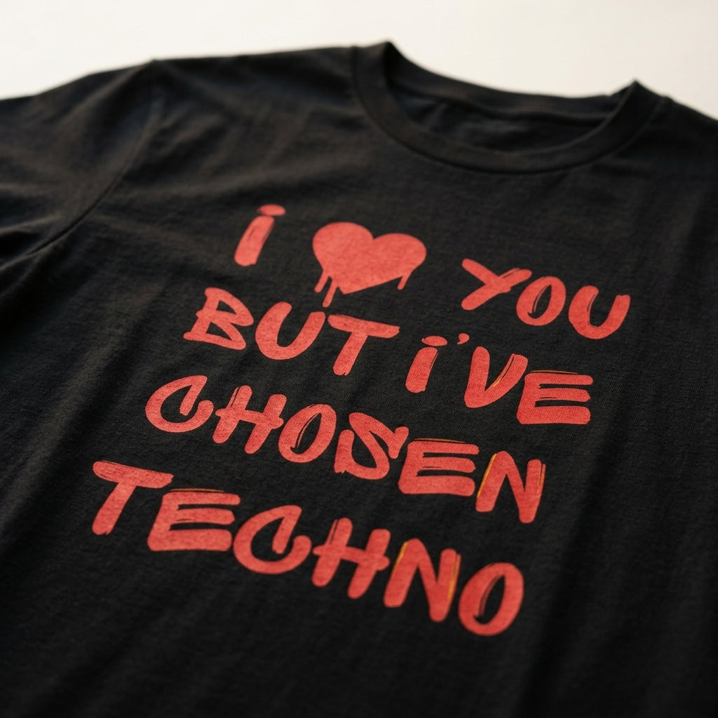 „I've chosen Techno“ Festival Shirt, Produktansicht – schwarzes Techno T-Shirt mit Spruch