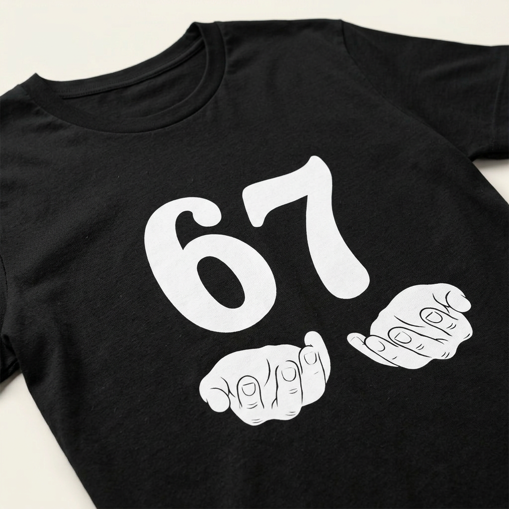 Detailaufnahme des 67 Prints mit zwei offenen Händen auf schwarzem T-Shirt