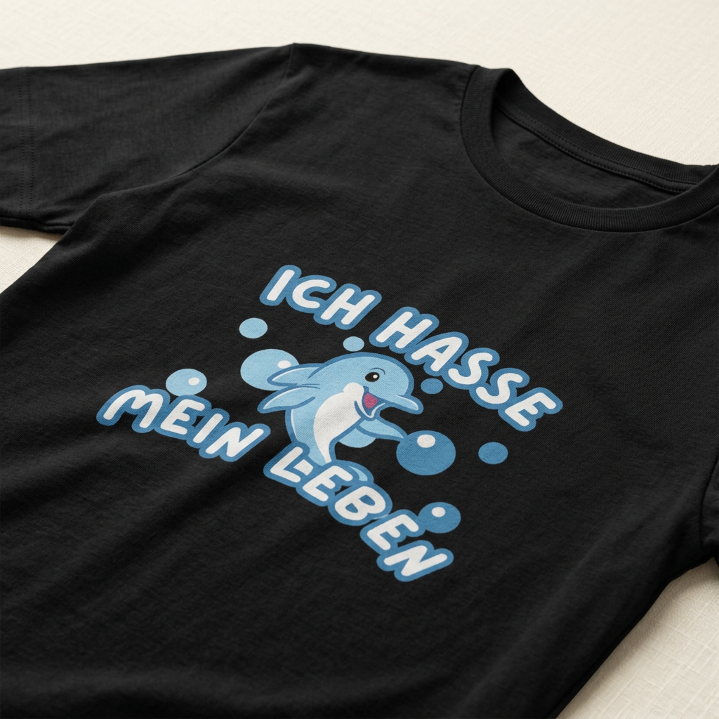Detailaufnahme des Delfin-Motivs mit Spruch „Ich hasse mein Leben" auf schwarzem Baumwoll-T-Shirt