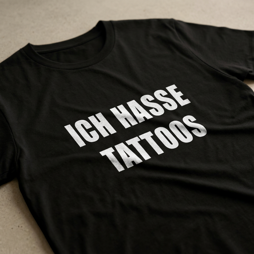 Detailaufnahme des Schriftzugs Ich hasse Tattoos in weißer Blockschrift