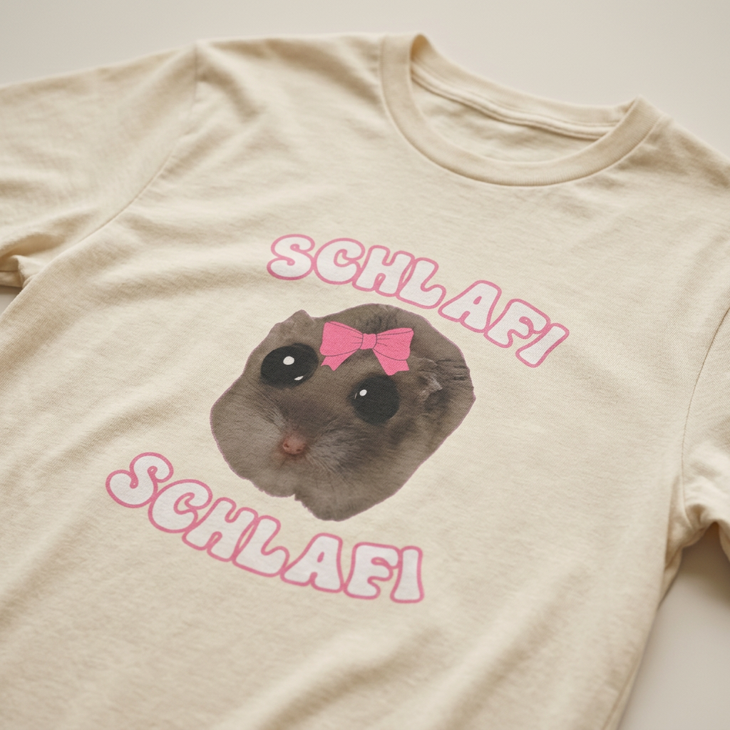 Schlafi Sad-Hamster Meme Shirt in Naturbeige oder Weiß mit Schleife – Frontprint