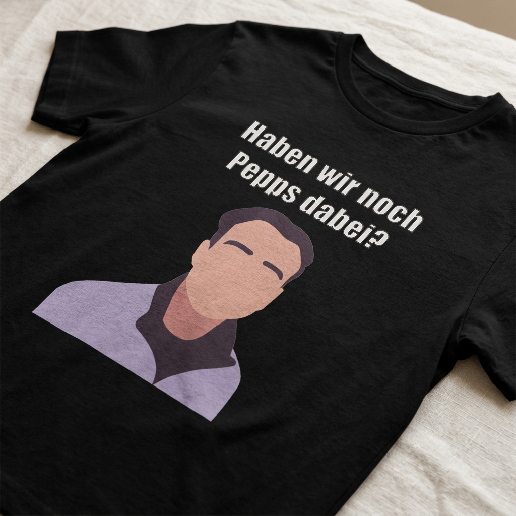 Detailaufnahme des Frontprints „Haben wir noch Pepps dabei?" auf schwarzem Baumwoll-T-Shirt