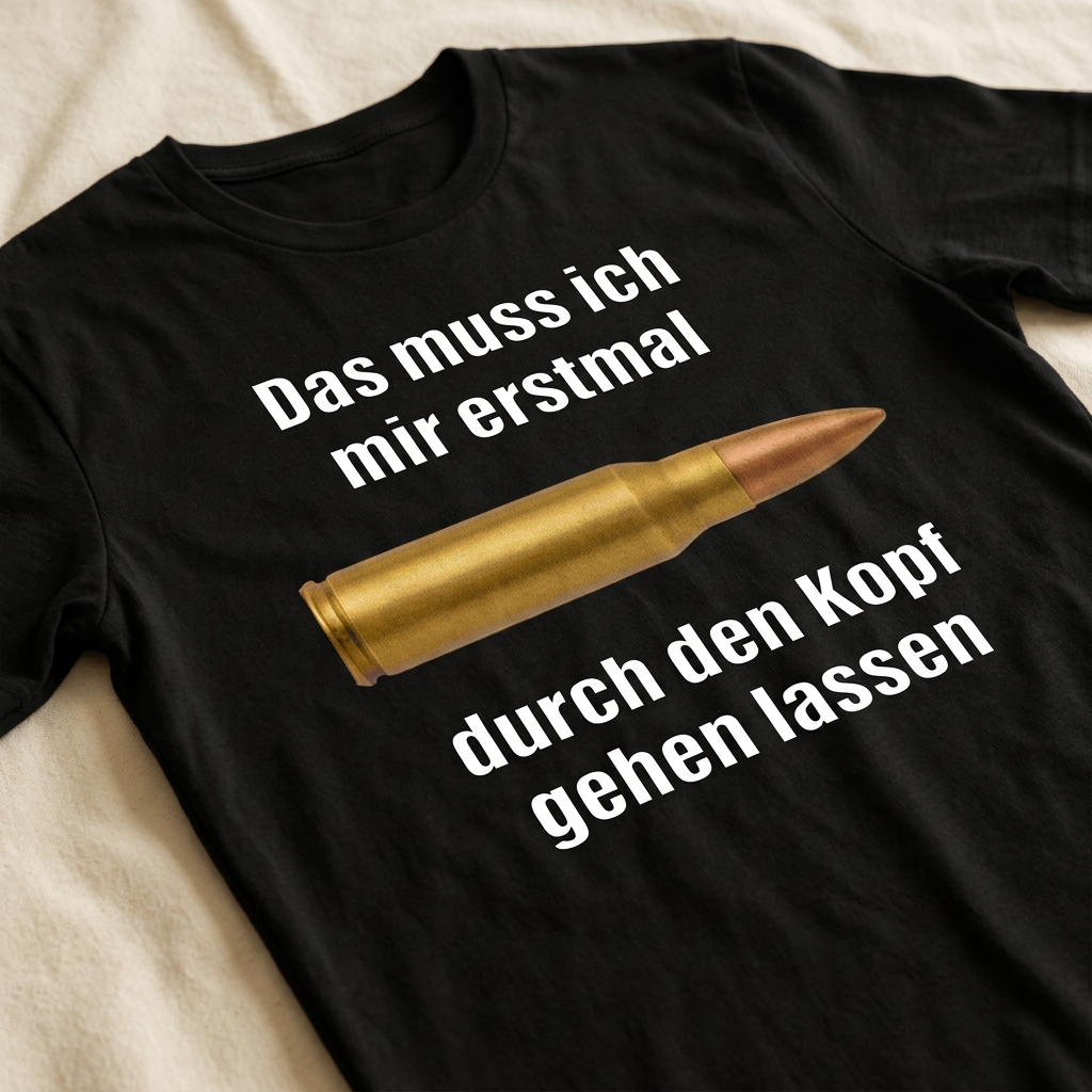 Kugel-Kopf Meme T-Shirt, Nahaufnahme des Frontprints – doppeldeutiger Spruch auf Schwarz