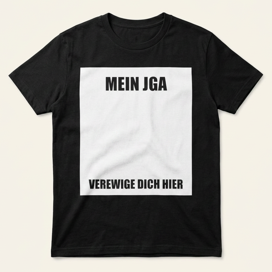 Schwarzes Unisex Shirt von vorne mit großem weißem Feld zum Unterschreiben beim JGA