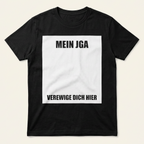 Schwarzes Unisex Shirt von vorne mit großem weißem Feld zum Unterschreiben beim JGA